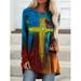 Women's Shirts Cross Print Sweat Shirt Color Round Neck T-shirt Oversize Long Sleeve Top T-shirt