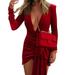 Aktudy Split Women Long Sleeve Deep-V Dancing Party Dress (Red XL)