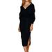 Hot Winter Women Long Sleeve Casual Sweater Dress Ladies Slim Fit Loose Maxi Wrap Kimono Knit Sun Dress Evening Prom Cocktail Party V-Neck Sexy Bodycon Split Sweater Long Dress With Waist Tie