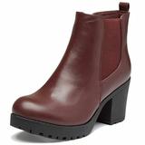 DailyShoes Women's Chelsea Bootie Clubby-01 Round Toe Buckle Strap Chunky Heel Ankle Boots, Wine PU, 5.5 B(M) US