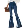 Women's Elastic Waist Destroyed Flare Long Bell Bottom Denim Jeans