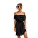New Women's Summer One Shoulder Hollow Lace Stitching Sexy Ruffled Dress Solid Color Elastic Waist A Line Mini Dresses