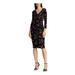 RALPH LAUREN Womens Black Floral 3/4 Sleeve V Neck Above The Knee Sheath Party Dress Size 14