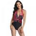 Floral Deep V-neck Halter One-Piece Swimsuit Backless Lace Up Women Monokini Beach Suits
