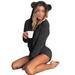 Women Open Front Sports Romper Zipper Hooded Shorts Playsuit Jumpsuit One Piece Pajama Suit Cute Ears Solid Color Long Sleeve Zipper Jumpsuit Sleepwear Romper