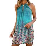 Tuscom Metal Hanging Neck Printed Strapless Beach Dress Casual Dresses for Women Plus Dresses Floral Sleeveless Dress Army Green