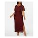 CONNECTED APPAREL Womens Burgundy Sequined Lace Slitted Short Sleeve V Neck Maxi Sheath Formal Dress Size 18W