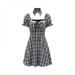 Retro Plaid Puff Sleeve Dress Korean Fashion High Waist Slim Dresses Women Square Collar Bow Dress