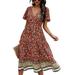 Women's Dresses Summer Button V Neck Bohemian Sundress Floral Printed Loose Swing Flared Hem Short Sleeve Casual Party Beach Dress