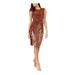 VINCE CAMUTO Womens Brown Sequined Animal Print Sleeveless Jewel Neck Knee Length Sheath Cocktail Dress Size 14