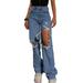 Yinyinxull Women Ripped Baggy Jeans High Waist Pants Loose Y2K Denim Pants Streetwear Blue 2XL