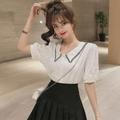 ZEROFEEL Sweet Peter Pan Collar Chiffon Blouse Korean Fashion Contrast Color Short Sleeve Blouses Top Women's Shirt