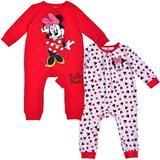 Disney Girl's 2 Pack Minnie Mouse Footed Coverall Bodysuit Onesie Set, Long Sleeve Bodysuit, Size 6M Red