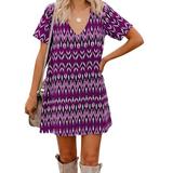 Women Casual Loose Short Sleeve T-Shirts Dresses Print Oversized V Neck Short Dress Tunic T Shirts Blouse Tops