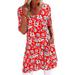 Jocestyle Women Dress Floral Print Round Neck Half Sleeve Straight Dress (Red M)