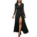 Women Elegant Slim Lace Patchwork V-Neck Dress Split Hem Maxi Club Party Dress