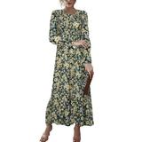 Sexy Dance Long Sleeve Pleated Empire Waist Dress Polka Dot Maxi Dress For Women Summer Boho Vintage Swing Dress Ruffle Hem Tunic Dress