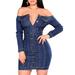 Women Sexy Off Shoulder Deep V-neck Slim Fit Denim Mini Dress Button Through Ladies Summer Short/Long Sleeve Bodycon Party Evening Short Jean Sun Dress Size 6-14