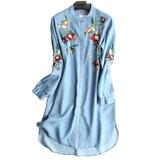 Alloet Denim Floral Embroidery Long Sleeve Female Button Dresses