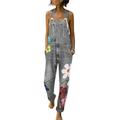 Flower Print Womens Denim Jumpsuit Casual One Piece Jeans Clothing Overalls Bottoms with Pockets S-3XL