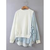 Women's Plus Size Contrast Striped Panel Knot Side Dip Hem Sweatshirt