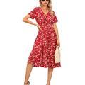 Sexy Dance Floral Midi Dress for Womens Short Sleeve Swing Dress High Waist Casual V-neck Dress Summer Dress