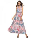 Sebbolt Print Summer Dress Sexy V Neck Bow Bandage Waist Slim Dresses Sleeveless Summer Women Long Elegant Dress Fit And Flare Vestidos