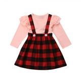 0-4Y Christmas Kid Baby Girls Clothing Set Black T shirt + Red Plaid Overall Skirts Xmas Girls Outfits Children Costumes