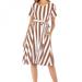 Secrets New Round Neck High Waist Medium Long Dress Stitching Stripes Ladies Casual Dress with Pocket