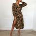 Women's Leopard Print V-neck High Waist Lace-up Irregular Dress