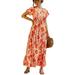 Niuer Long Maxi Dress for Women V-Neck Button Tunic Dress Casual Short Sleeve Beach Holiday Party Swing Dress Sundress Orange (Flower) S(US 2-4)