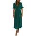 Avamo Summer Beach Dress for Lady Short Sleeve Plain Sundress V-neck Loose Dress Buttons Ruched Maxi Dress