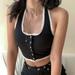 Women Sleeveless Crop Top Halter Neck Button Down Front Lace Trim Backless Tank