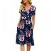 Women's Summer Casual Short Sleeve V-Neck Short Party Dress with Pockets, Blue&Flower-S