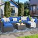 Latitude Run® Knights 7 Piece Rattan Sectional Seating Group w/ Cushions Synthetic Wicker/Wicker/Rattan in Blue | Wayfair