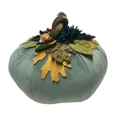 Harvest Velvet Pumpkin with Embroidered Leaves by Levinsohn Textiles in Mineral