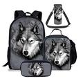 chaqlin Grey Wolf Backpack Bookbags with Lunch Box Containers,Pencil Case,Water Bottle Carrier Bag with Adjustable Shoulder Strap,Kids Children Back to School Bags Set of 4 Pack