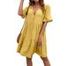 Pretty Comy Women High Waist V Neck Summer Dresses Casual Ruffle Short Sleeve Pleated Long Beach Dress Yellow M