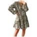 Mnycxen Women Casual Leopard Print Lantern Sleeve V-Neck Shirt Dress