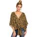 Lovefir Women's Casual Loose Shirt 3/4 Sleeve V Neck Loose Tie Front Blouses Top(Leopard-X-Large)