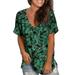 Women's Casual Pocket V Neck Basic Tee Shirt Short Sleeve Tops Basic Summer Casual Ladies Loose Baggy Floral Tunic T Shirts Tee Blouse Beachwear