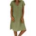 Transer Women Plus size Fashion Loose V-Neck Summer Solid Short Sleeve Cotton And Linen Dress