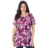 Plus Size Women's Swing Ultimate Tee with Keyhole Back by Roaman's in Berry Butterfly (Size 2X) Short Sleeve T-Shirt