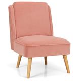 Costway Velvet Accent Armless Side Chair with Rubber Wood Legs for Bedroom-Pink