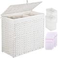 Greenstell Laundry Basket with 2 Removable Liner Bags & 5 Mesh Laundry Bag, 3 Sections Divided Hampers Handwoven Synthetic Rattan Laundry Hamper with Lid and Handles, Easy to Install White