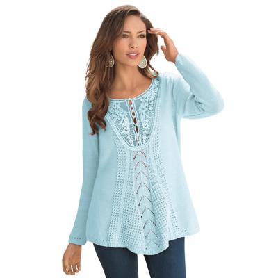 Plus Size Women's Lace Yoke Pullover Sweater by Roaman's in Blue Whisper (Size M)