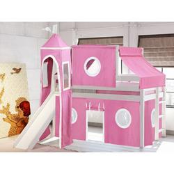 Zoomie Kids Johannes Solid Wood Twin Low Loft Bed w/ Ladder Slide Tent & Tower in Pink/White | 87.5 H x 80 W x 84.75 D in | Wayfair