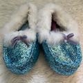 Disney Shoes | Frozen Slippers Blue Glitter Fur Moccasins Sz 13/1 | Color: Blue/White | Size: 13/1