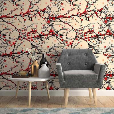 Black and Red Japanese Floral Peel and Stick Removable Wallpaper 9975