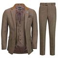 Mens 3 Piece Herringbone Tweed Suit in Brown Retro Style Fitted[SUIT-X6068-4-TAN-48,UK/US 48 EU 58,Trouser 42"]